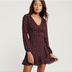 Abercrombie & Fitch Burgundy Floral Ruffle Hem Wrap Long Sleeve Mini Dress